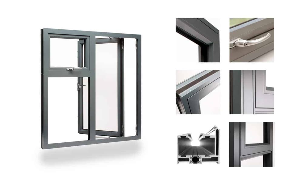 Grey aluminium window with close-ups of its slim frame and handle