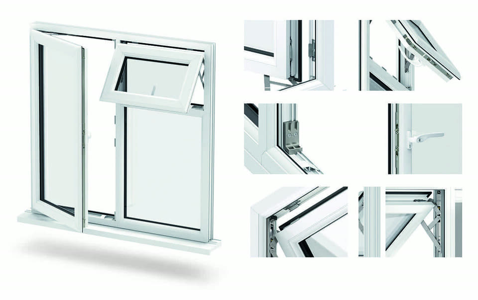 White uPVC casement window with close-ups of its handle, hinges and seals