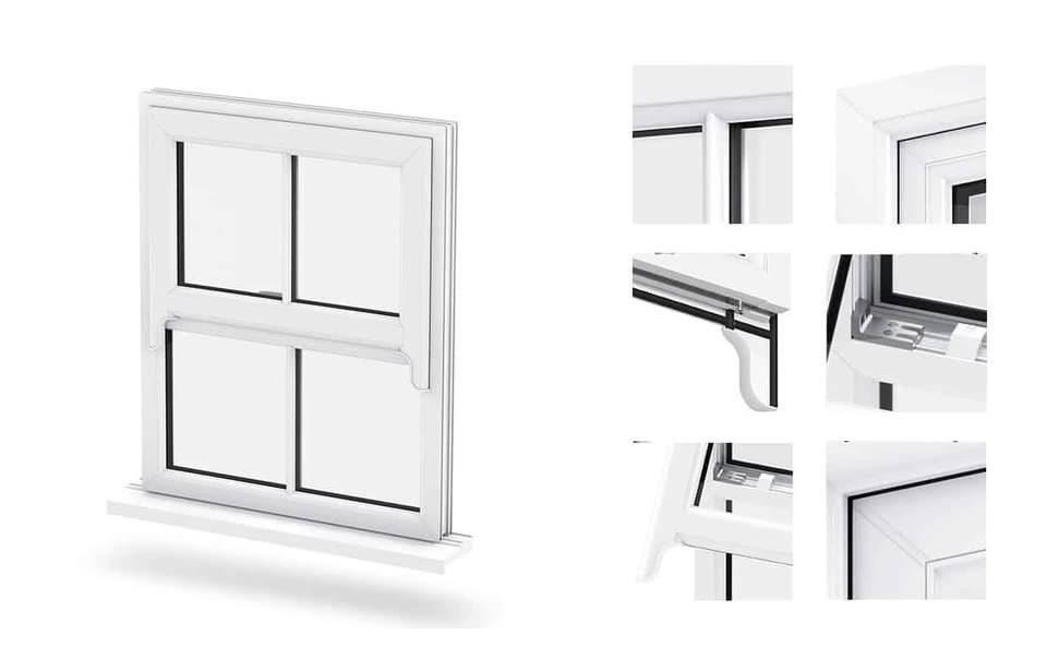 White uPVC sash horn window with close-ups of its details