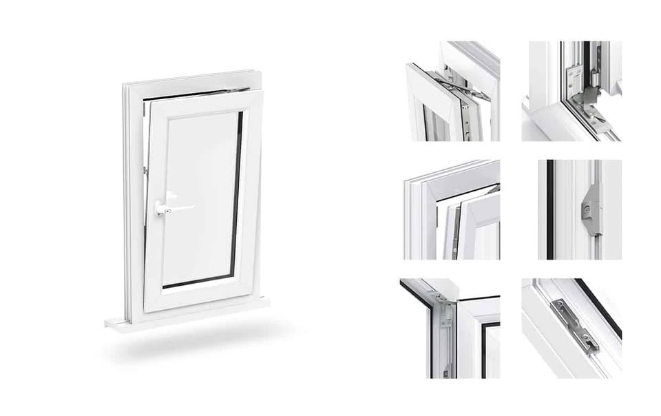 White uPVC tilt and turn window with close-ups of its mechanism